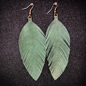 Elegant Forest Green Suede Feather Leaf Earrings